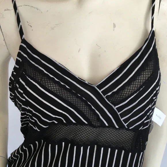 Natori black stripe slip dress with mesh detail